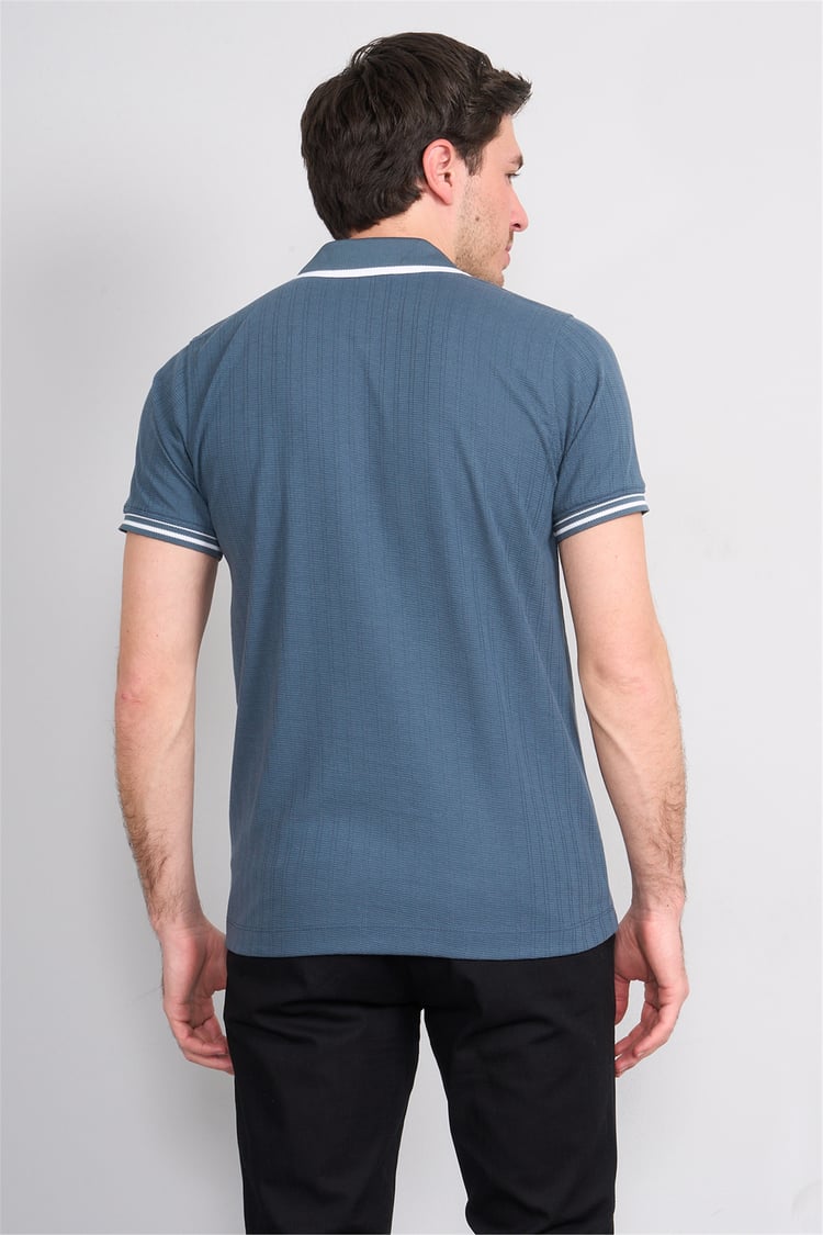 Troy Y26 26550 Petrol Erkek Kare Cızgılı Patlı Polo Yaka T-Shirt