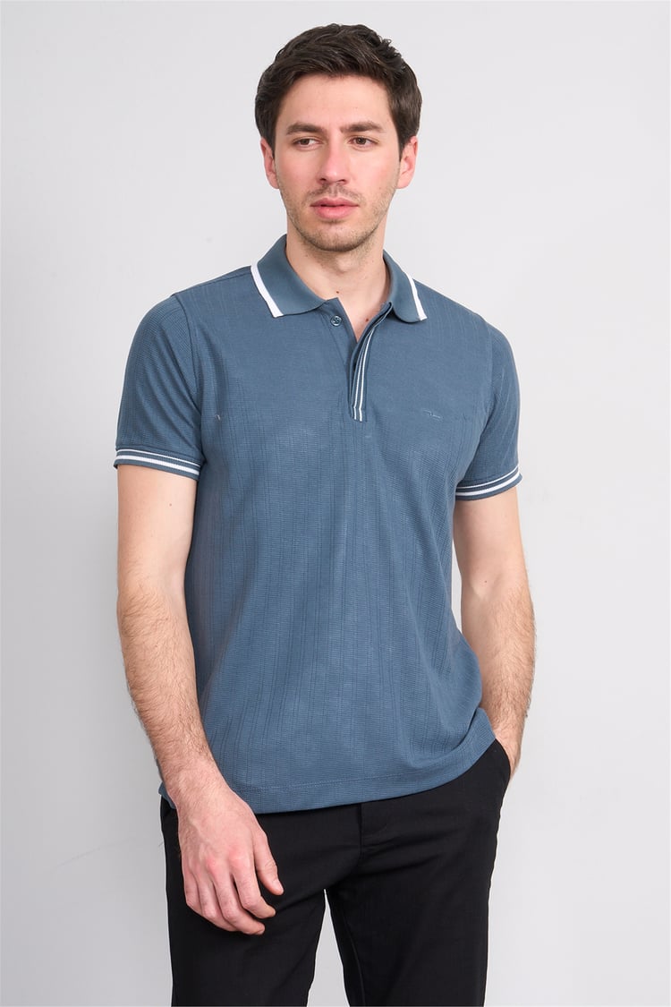 Troy Y26 26550 Petrol Erkek Kare Cızgılı Patlı Polo Yaka T-Shirt