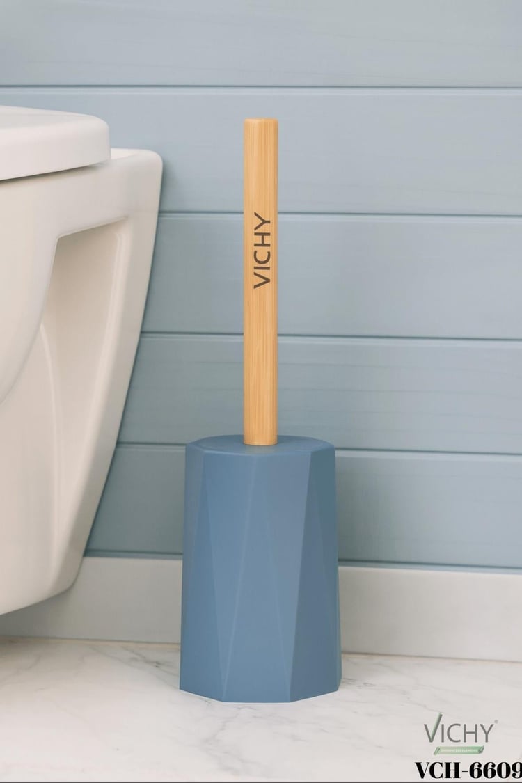 VICHY Modern Tasarımlı Mavi Tuvalet Fırçası Bambu Saplı Standlı  Banyo Temizlik Aksesuarı VCH-6609