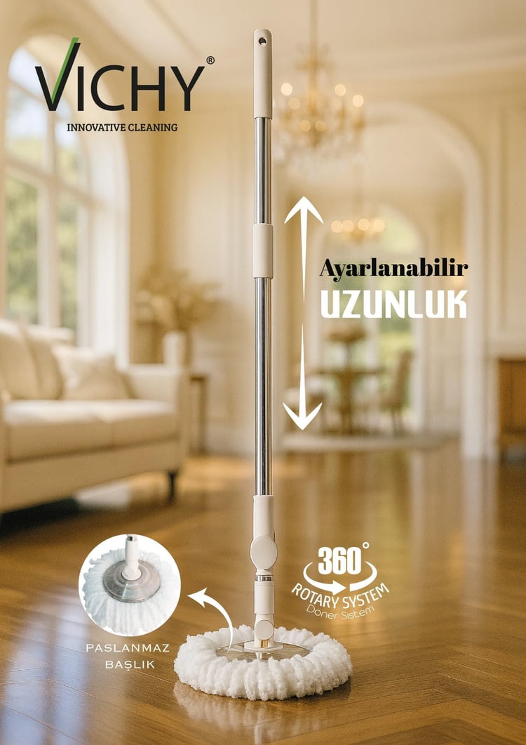 VICHY Mop Sap Seti (Ayarlanabilir Alüminyum Sap-Çelik  Mop Başlığı,Mikrofiber Bez)  3lü Set VCH-6681