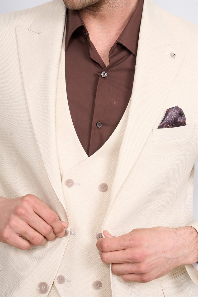Woolsuit Perge Krem Erkek Yelikli Takım Elbise