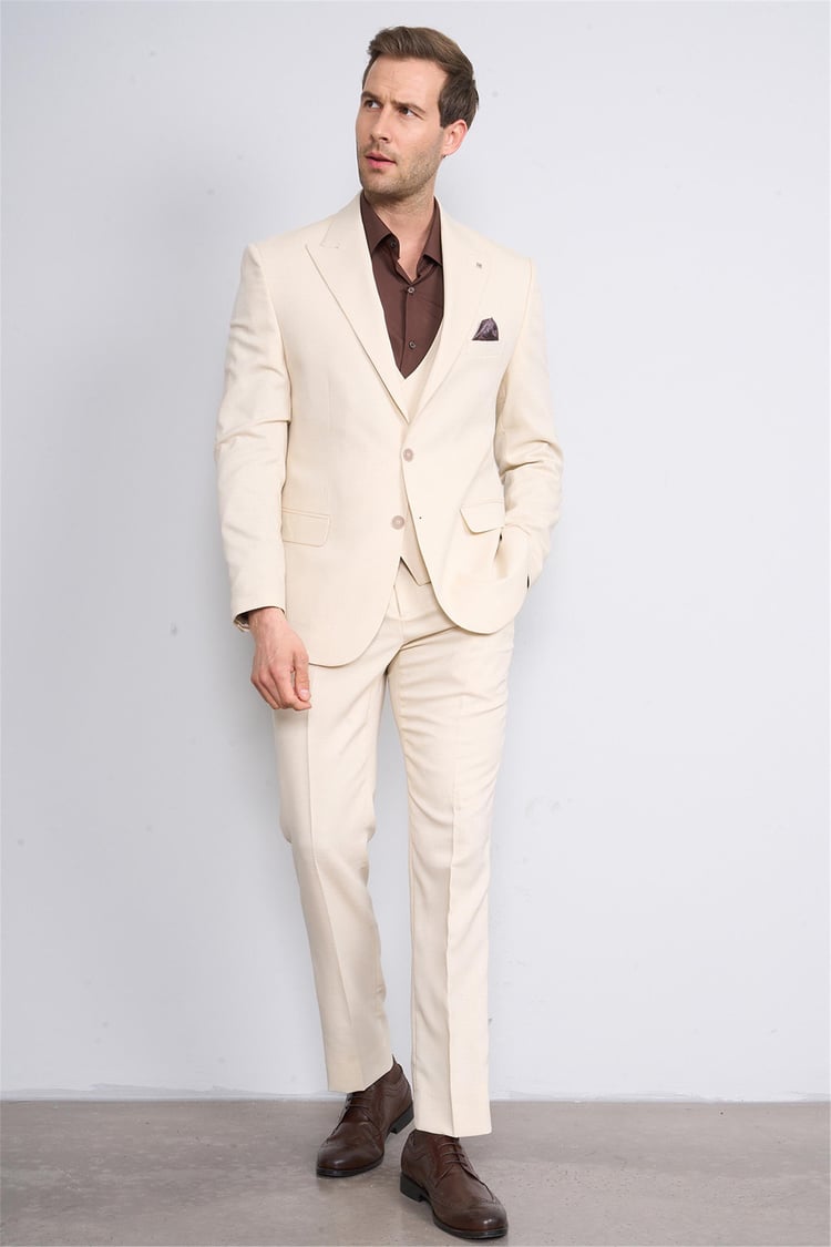 Woolsuit Perge Krem Erkek Yelikli Takım Elbise