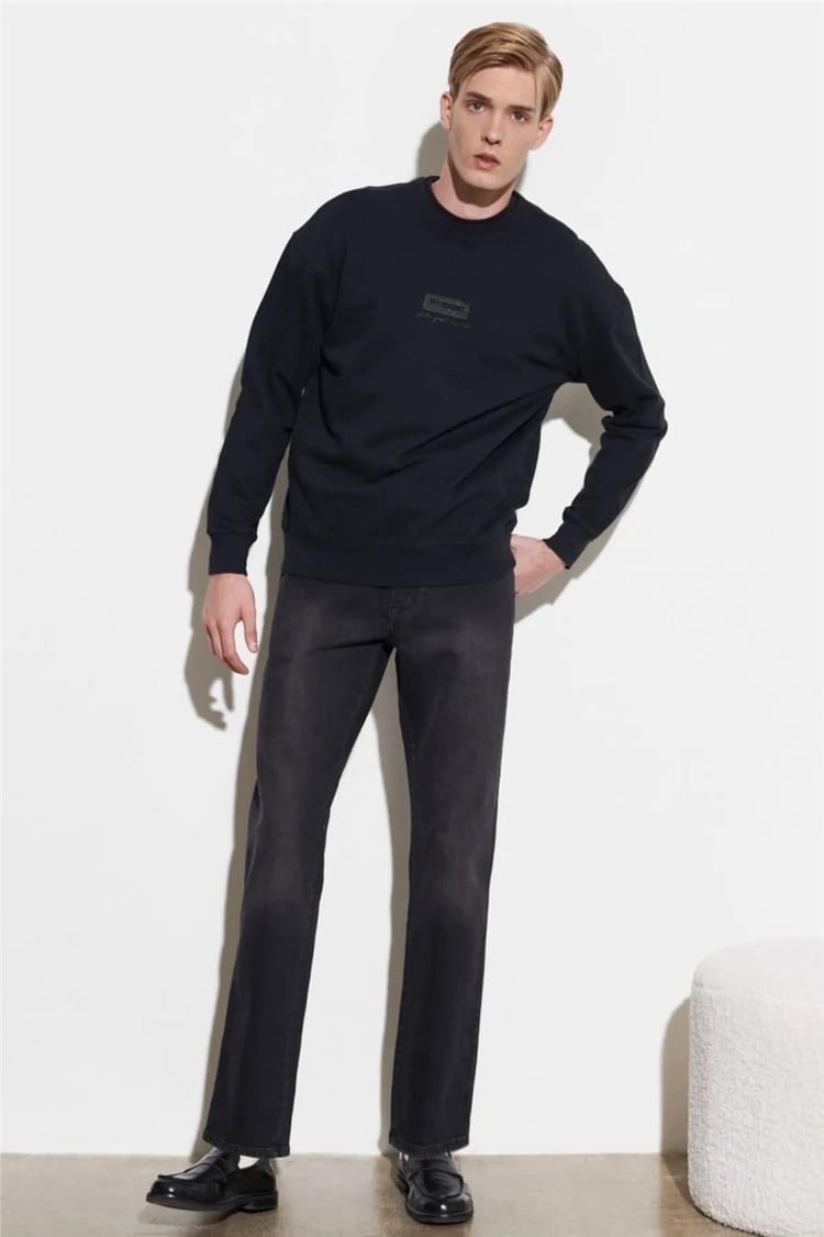 Wrangler W648Ilx Faded Siyah Xv6 Erkek Loose Uzun Kollu Bısıklet Yaka Sweatshirt
