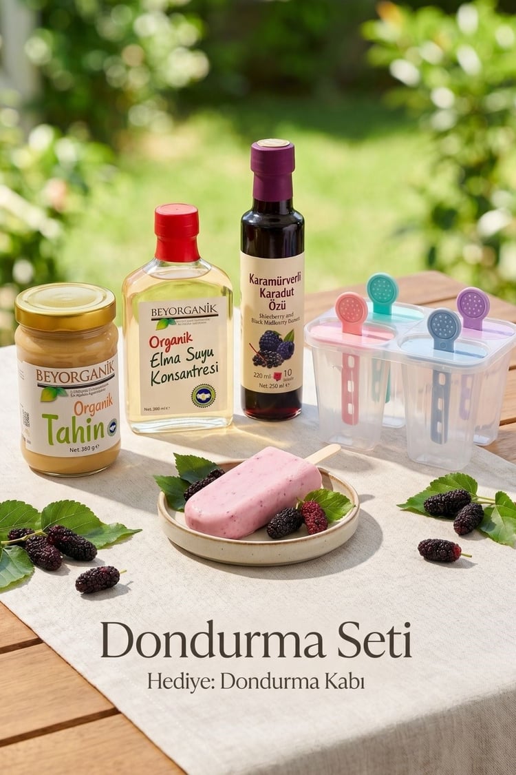 Dondurma Seti 3'lü - Eğlenceli Dondurma Yapma Seti- Organik Tahin 300g + Karamürverli Karadut Özü + Elma Suyu Konsantresi 200 ml | Dondurma Kalıbı Hediyeli