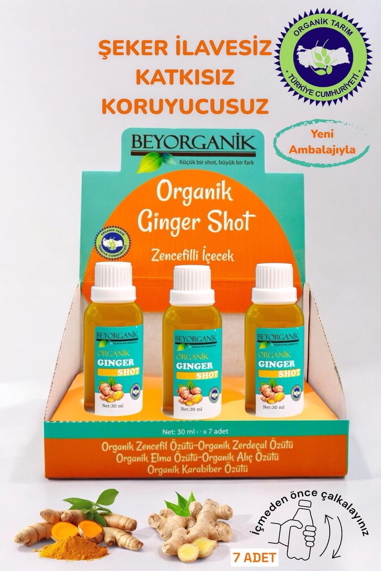 Organik Ginger Shot (7adet x 30ml) (PESTİSİT VE AĞIR METAL ANALİZLİ) 