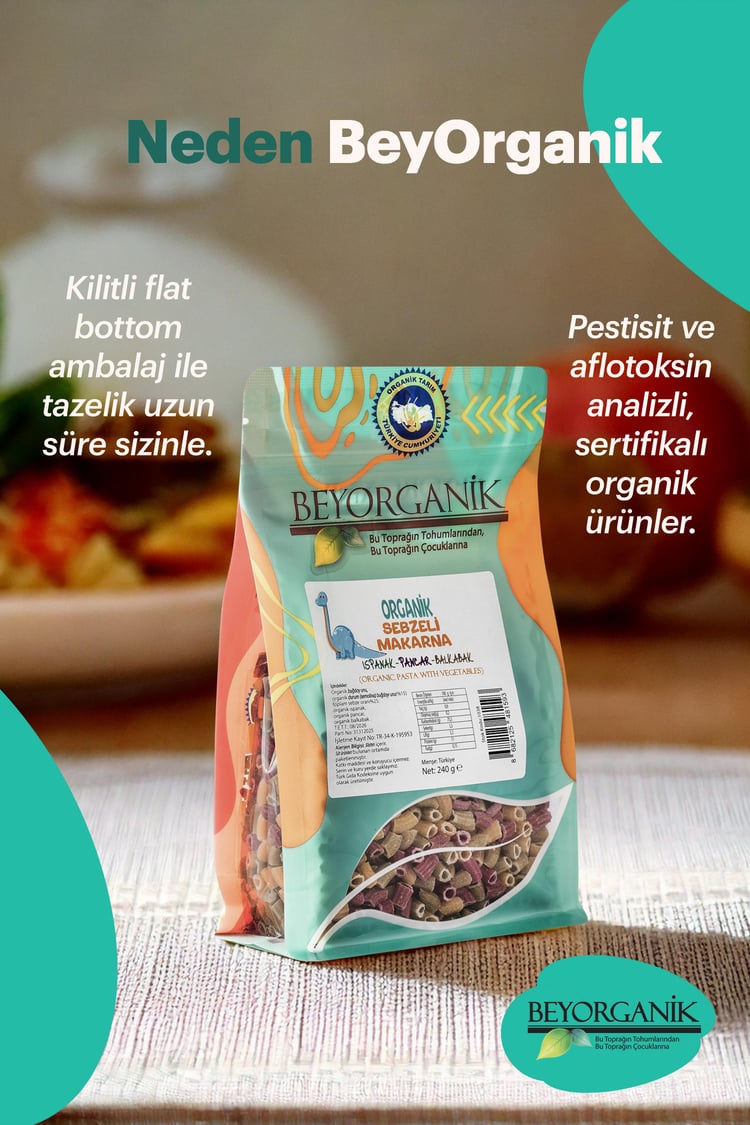 Organik Sebzeli Çocuk Makarna %15 Sebzeli 240gr Ispanak Pancar Balkabak  +8ay   (PESTİSİT VE AFLATOKSİN ANALİZLİ)  