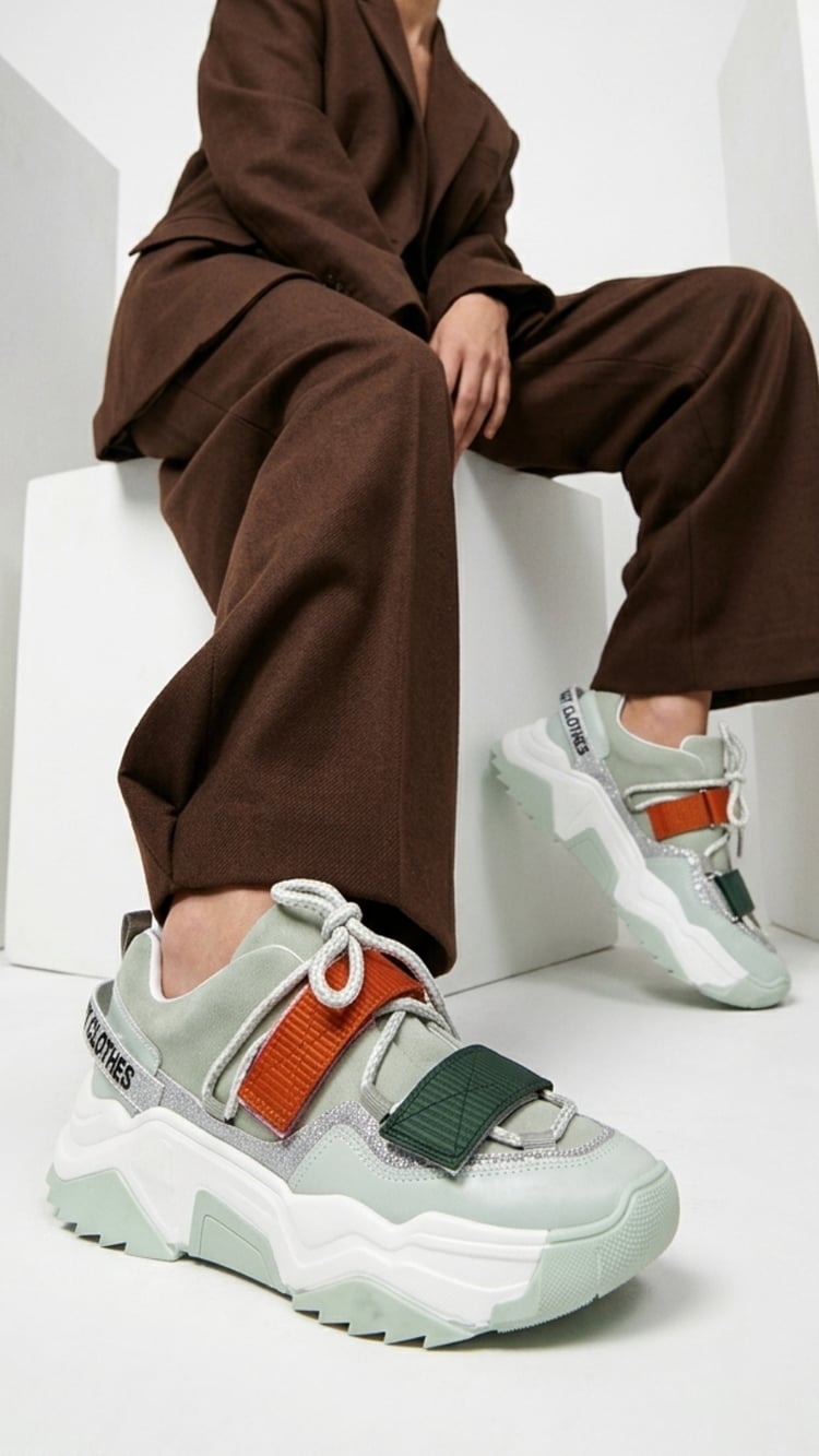 Kadın Kalın Taban Bağcıklı Spor Ayakkabı & Sneaker Bej Multi