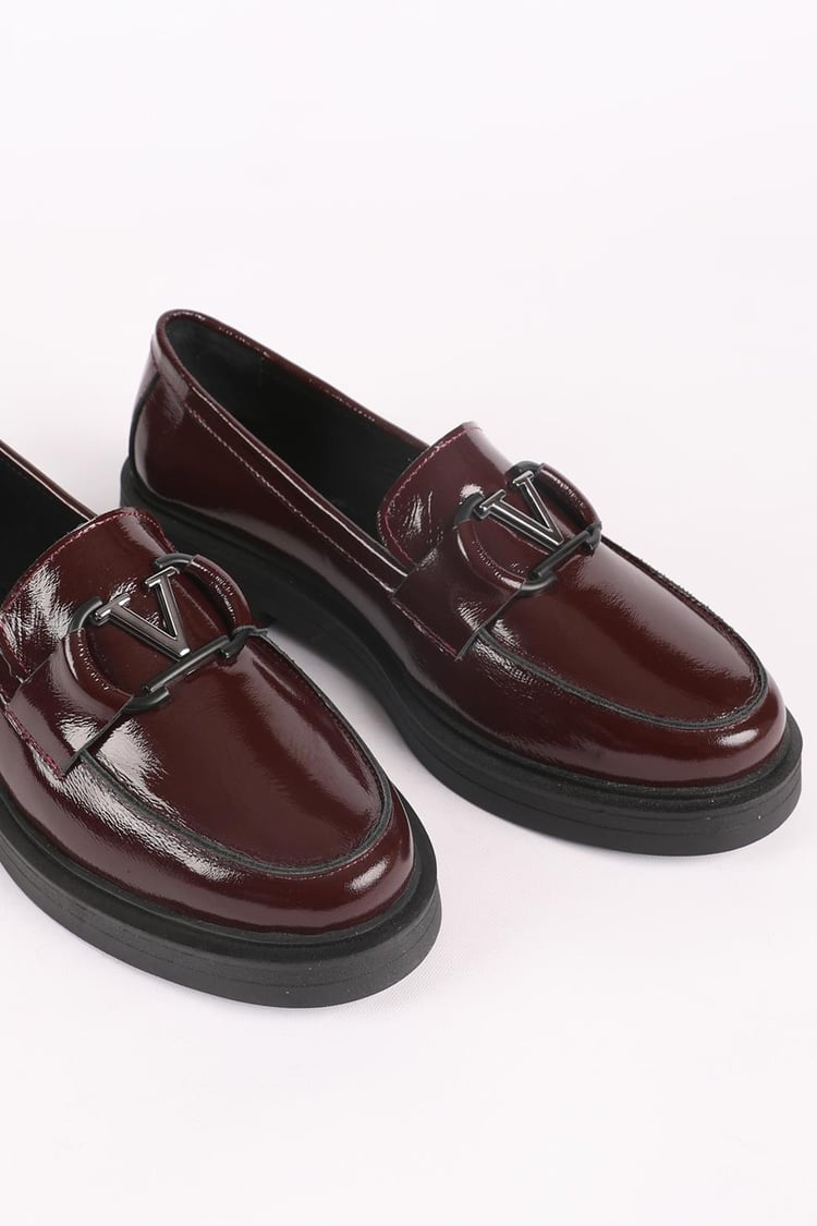 Kadın Hakiki Deri Toka Detaylı Loafer Ayakkabı Bordo Rugan