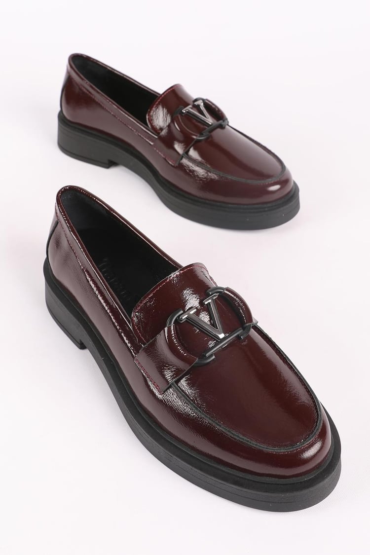 Kadın Hakiki Deri Toka Detaylı Loafer Ayakkabı Bordo Rugan