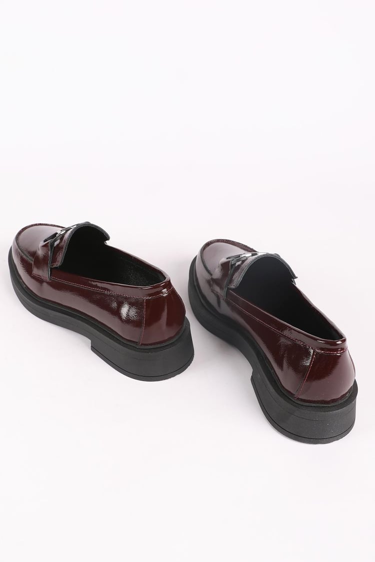 Kadın Hakiki Deri Toka Detaylı Loafer Ayakkabı Bordo Rugan