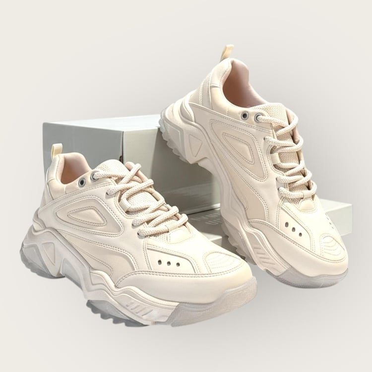 Kadın Kalın Taban Bağcıklı Spor Ayakkabı & Sneaker Bej