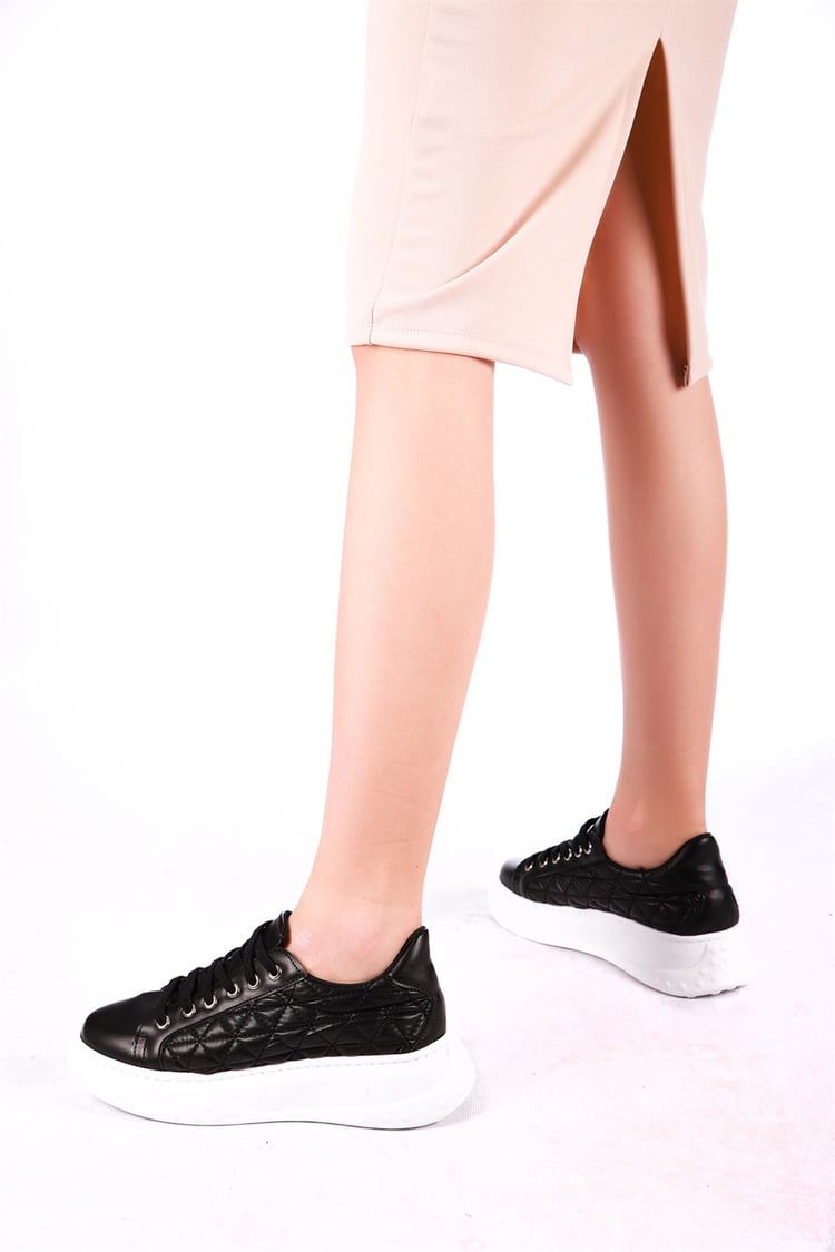 Kadın Kalın Taban Bağcıklı Sneaker SİYAH