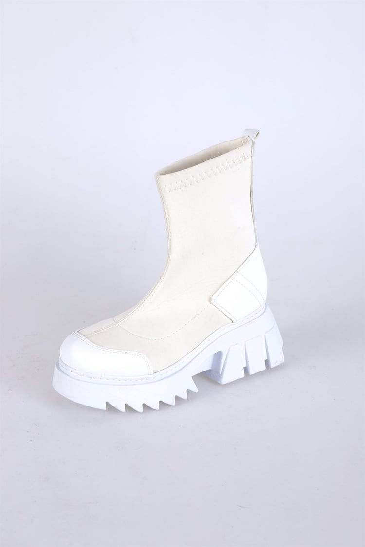 Kadın Kalın Taban Streç Bot BEJ/BEYAZ