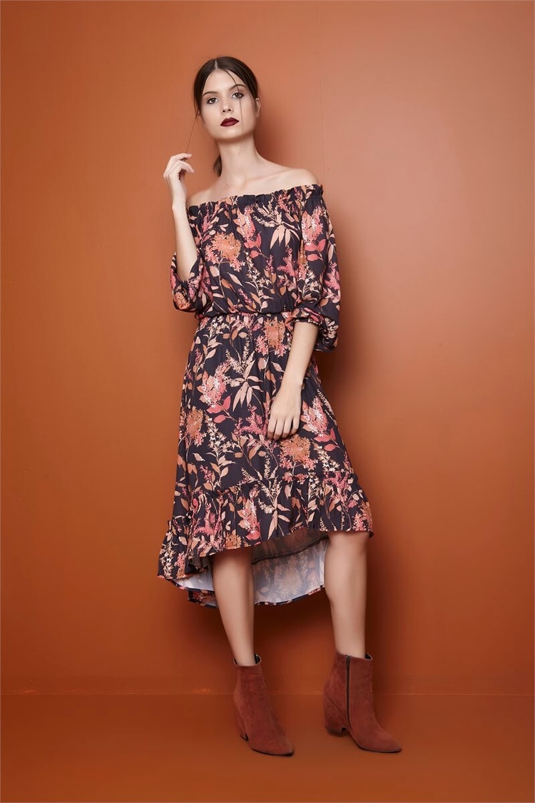 Floral Desenli Straplez Midi Elbise