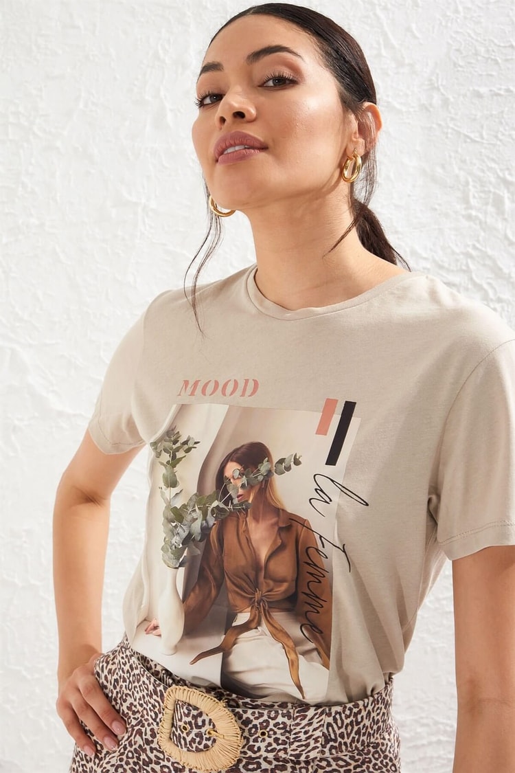 Açık Kahve Bisiklet Yaka Kısa Kol Baskılı Pamuk T-ShirtST050S7115001
