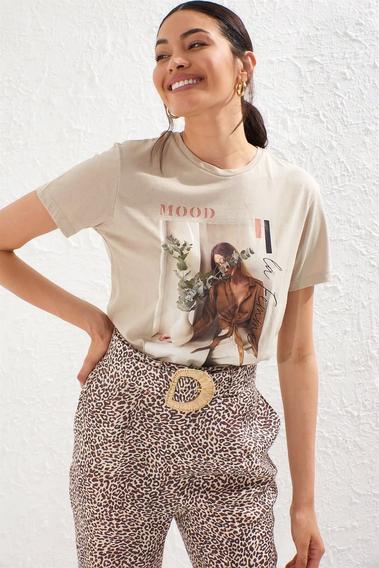 Açık Kahve Bisiklet Yaka Kısa Kol Baskılı Pamuk T-ShirtST050S7115001