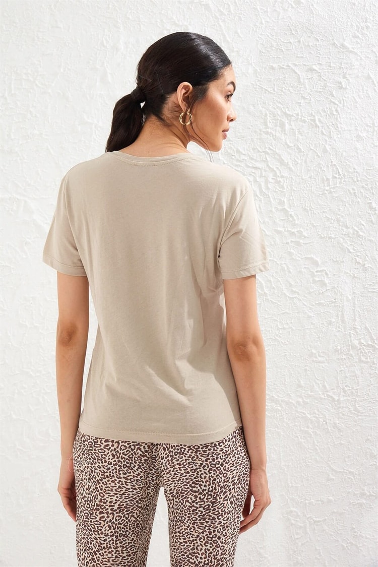 Açık Kahve Bisiklet Yaka Kısa Kol Baskılı Pamuk T-ShirtST050S7115001