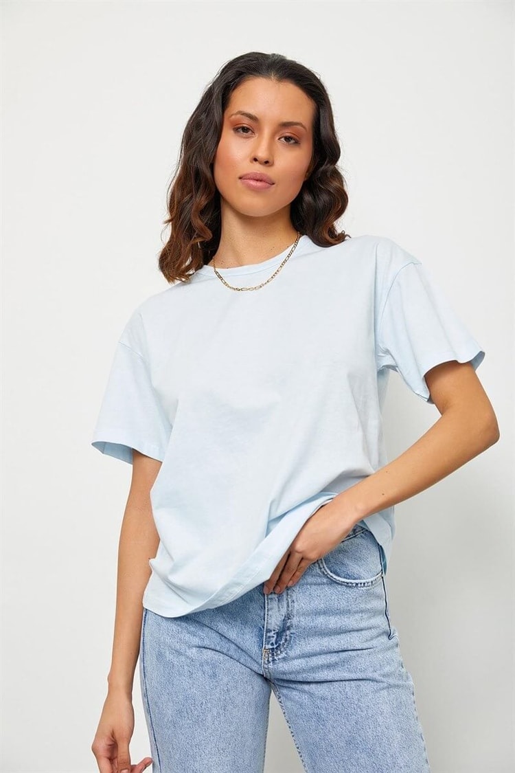 Açık Mavi Bisiklet Yaka Basic T-ShirtST060S71190014