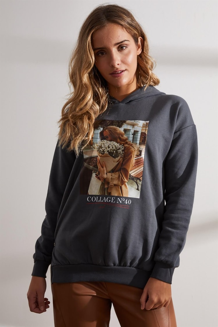 Antrasit Kapüşonlu Baskılı SweatshirtST060W7208301