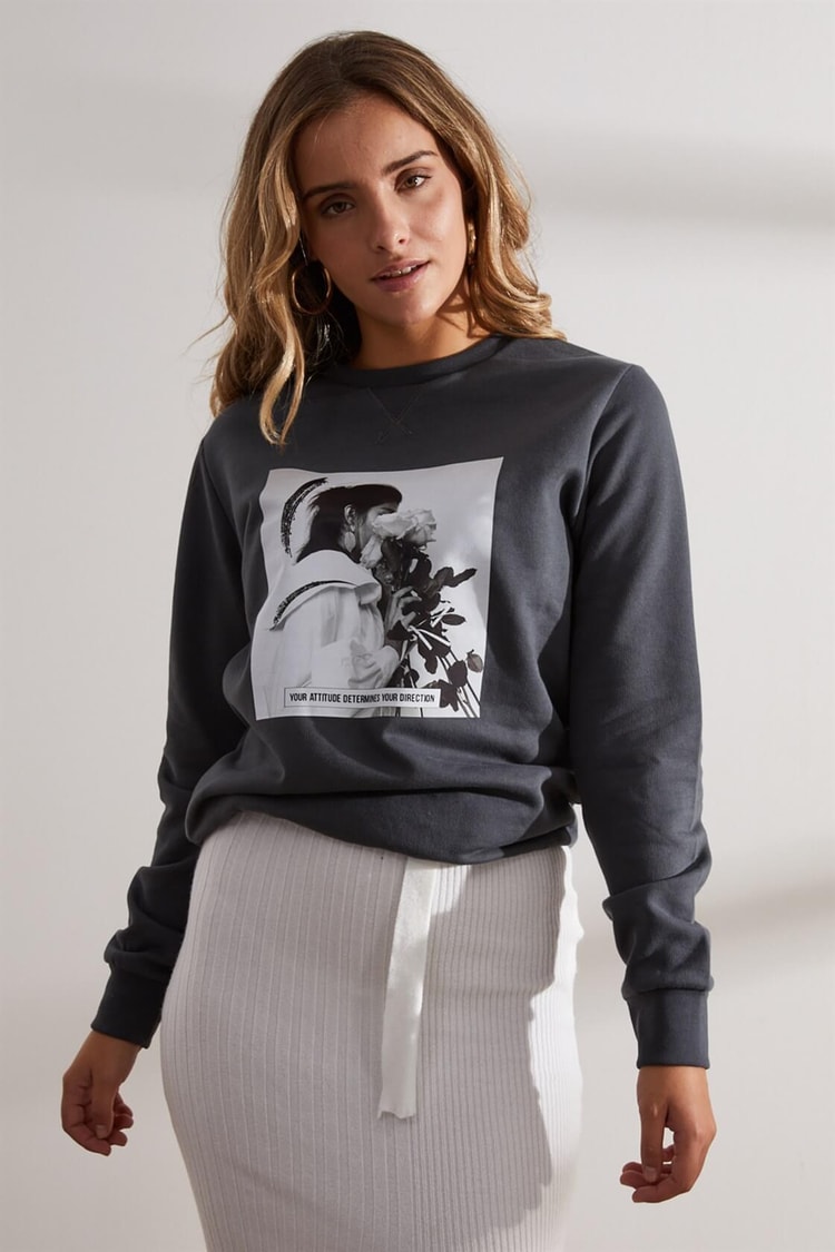 Antrasit Önü Baskılı Uzun Kol SweatshirtST060W7209001