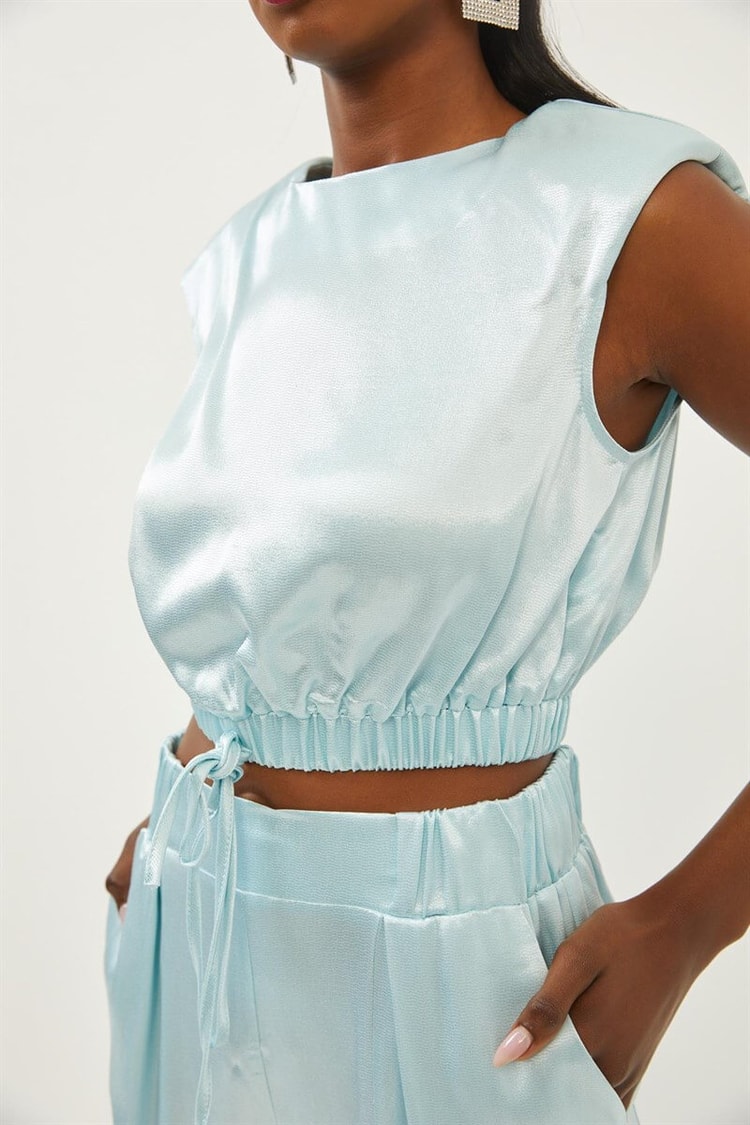 Aqua Saten Bağlama Detaylı Crop Bluz Pantolon TakımST060S30713002