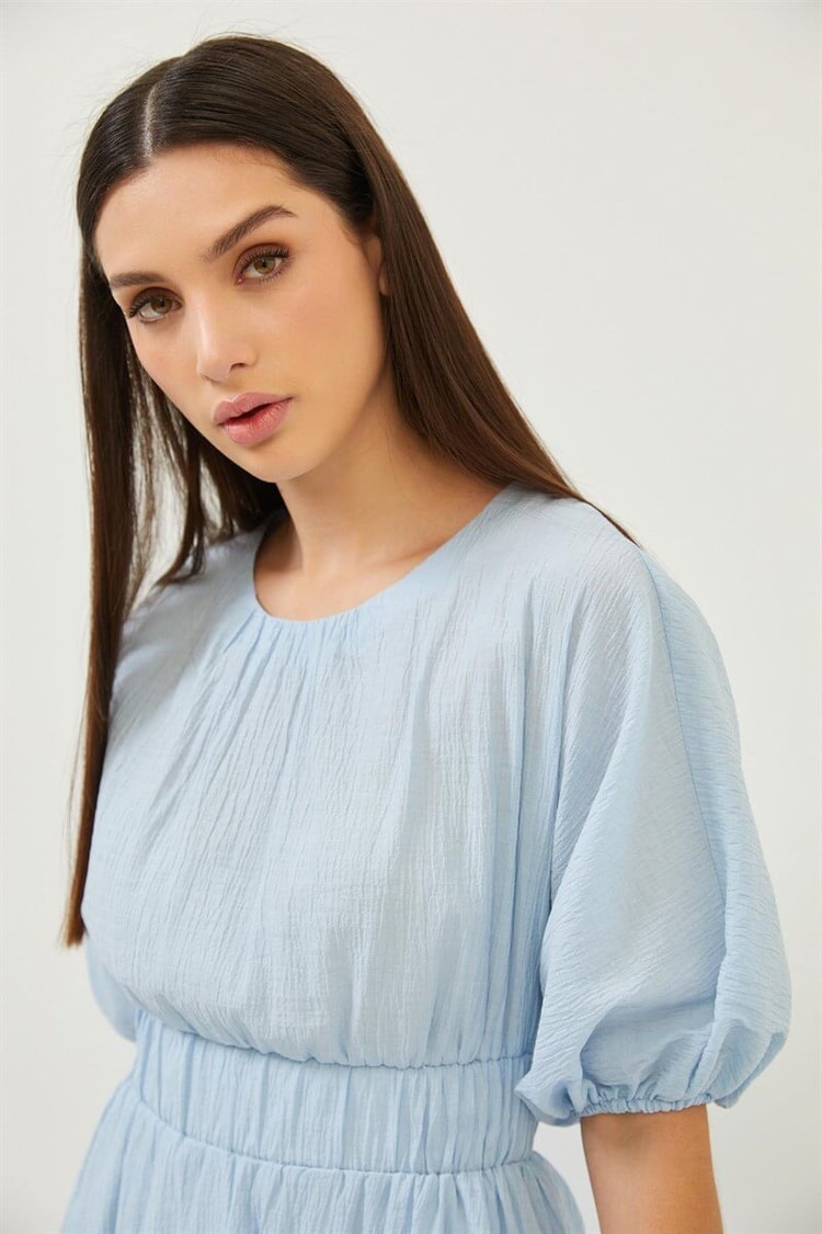 Bebe Mavi Beli Lastikli Balon Kol ElbiseST060S40129401