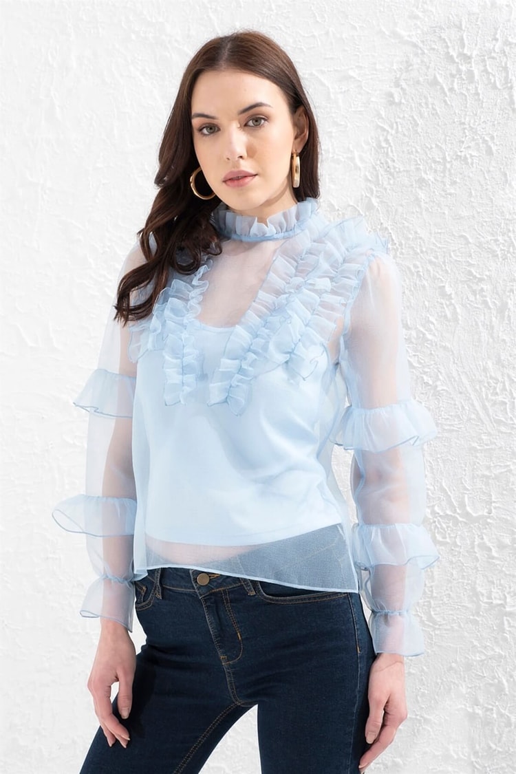 Bebe Mavi Fırfırlı Dik Yaka Uzun Kollu BluzST050S3036302