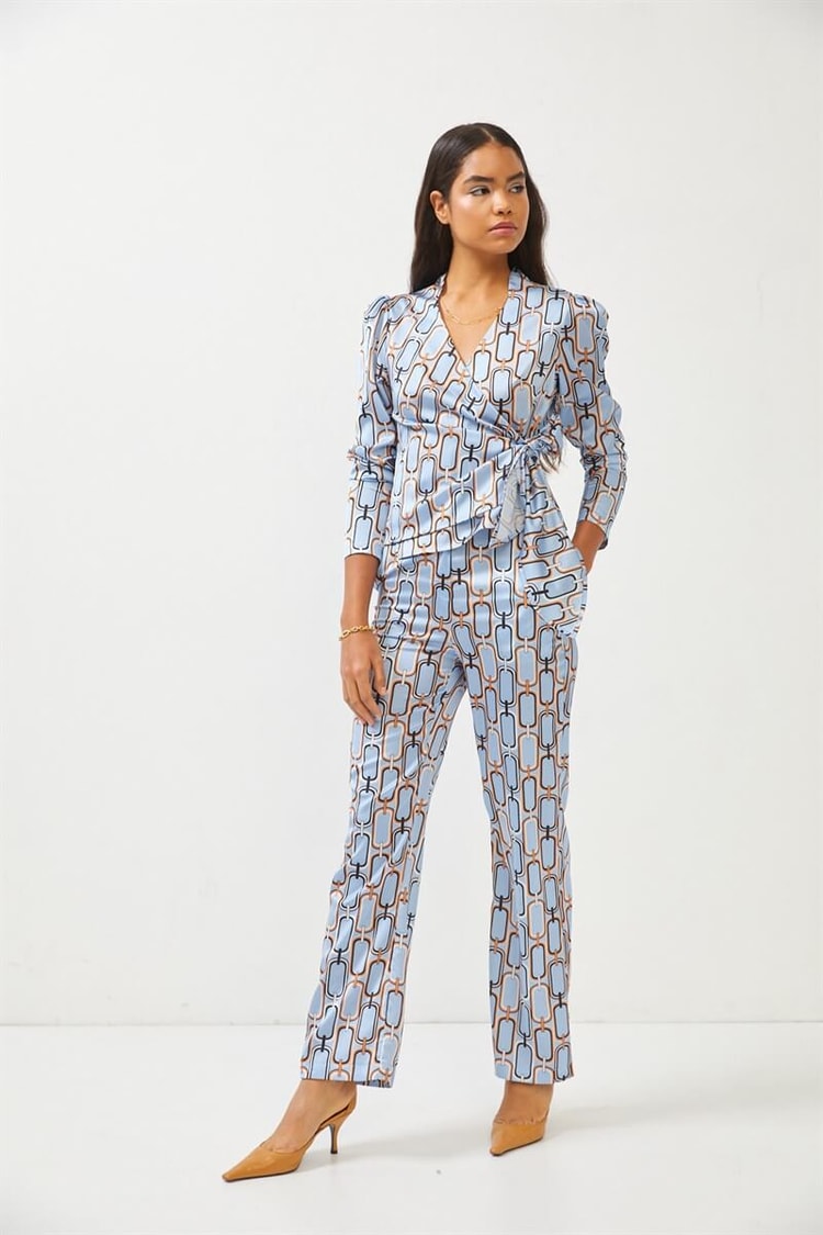 Bebe Mavi Kruvaze Yaka Desenli Bluz Pantolon TakımST060S30727002