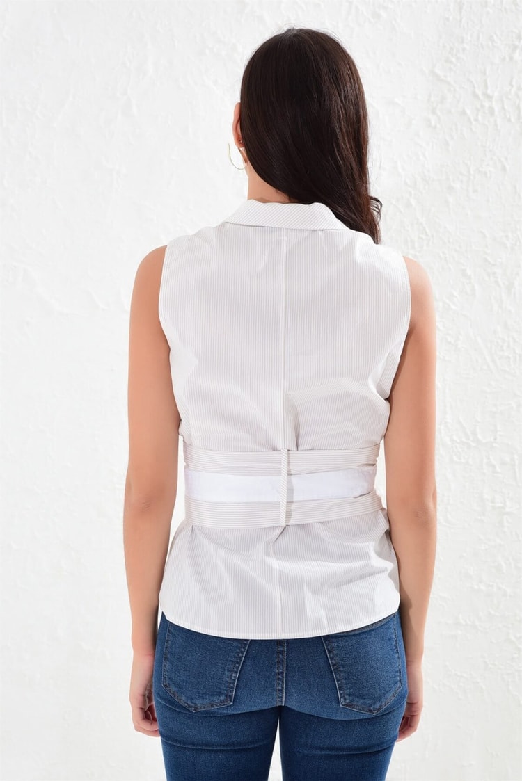 Bej-Beyaz Şerit Yaka Kuşaklı Kolsuz Çizgili Poplin GömlekST040S550261