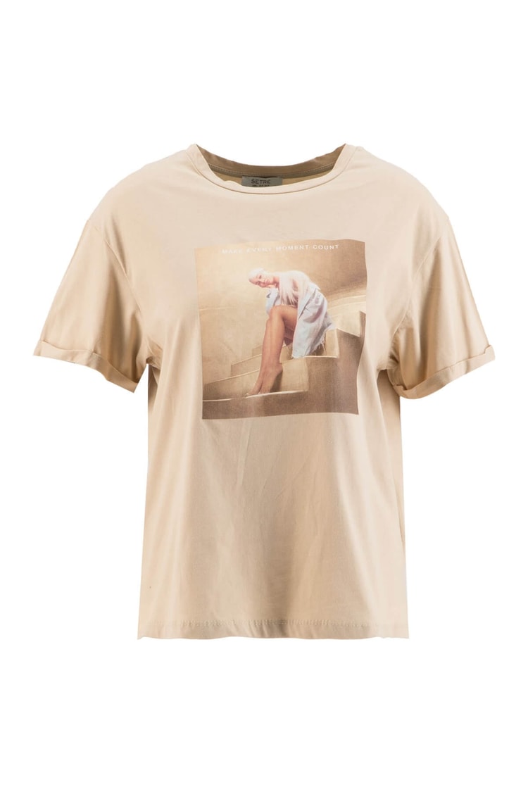 Bej Bisiklet Yaka Baskılı Pamuk T-ShirtST060S71160012