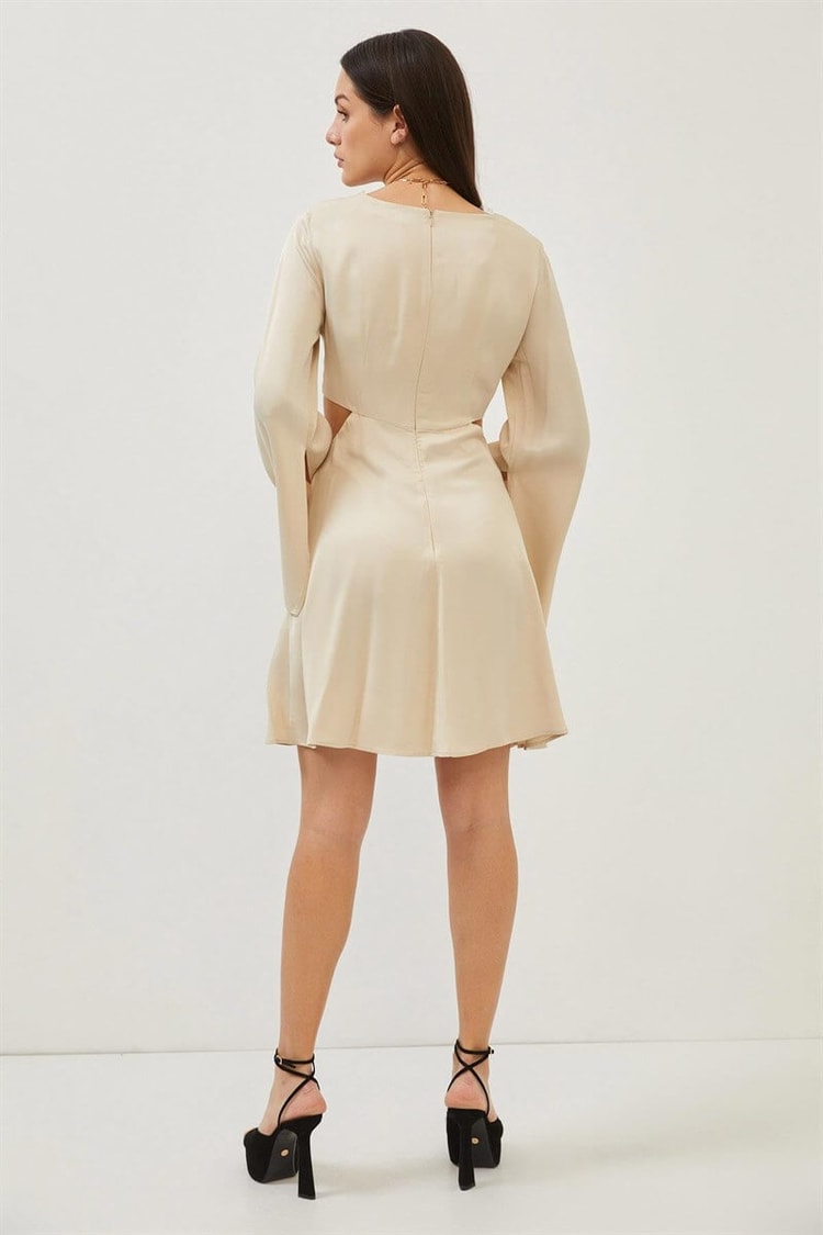 Bej Cut Out Detaylı Uzun Kol Mini ElbiseST070S40157601