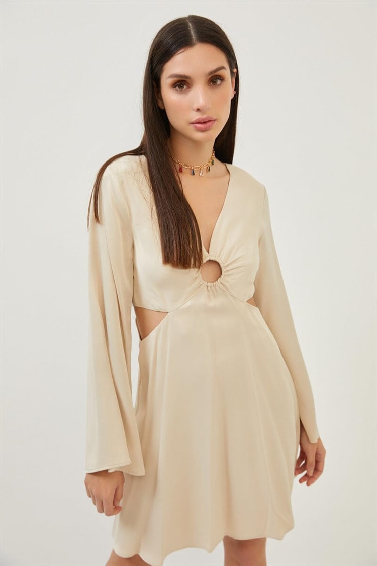 Bej Cut Out Detaylı Uzun Kol Mini ElbiseST070S40157601