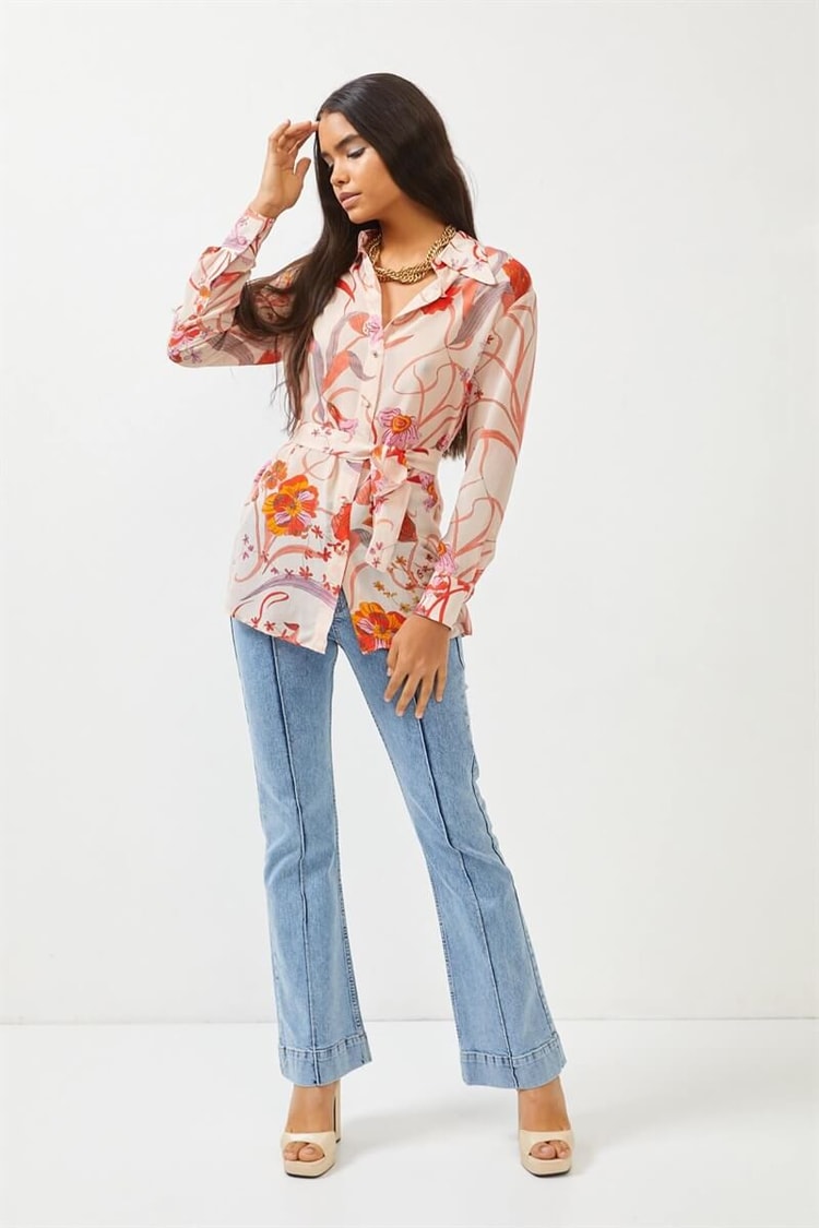 Bej Floral Desen Kuşaklı TunikST060S65130001