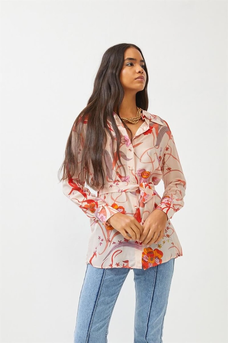 Bej Floral Desen Kuşaklı TunikST060S65130001