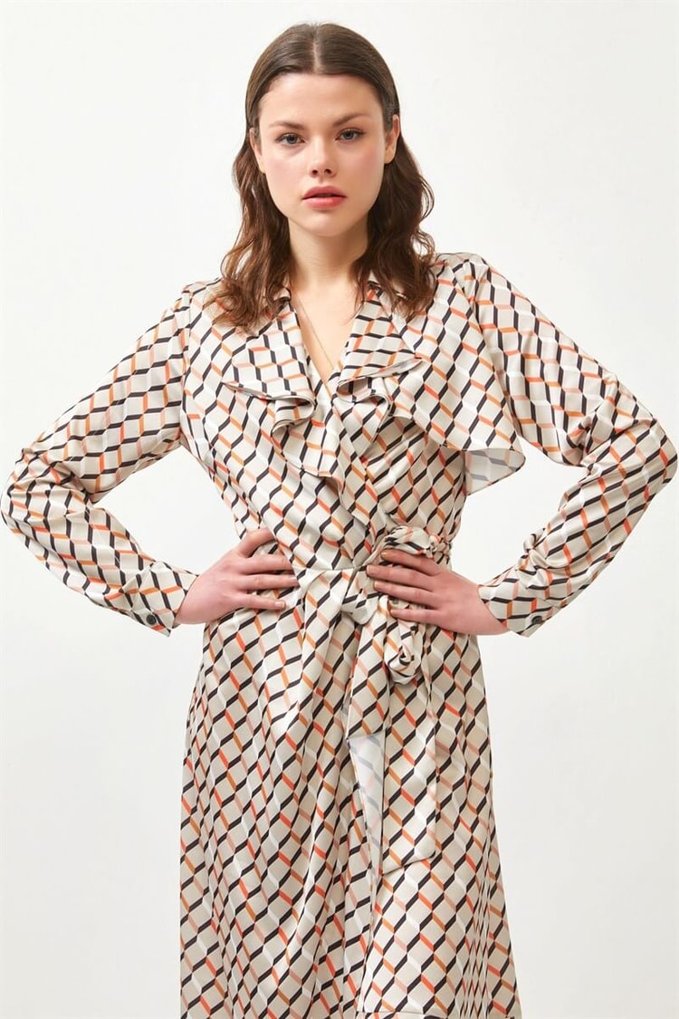 Bej Geometrik Desen Midi ElbiseST060S40138501