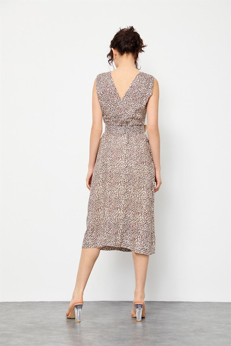 Bej-Kahve Keten Leopar Desen Kemerli ElbiseST060S4010181