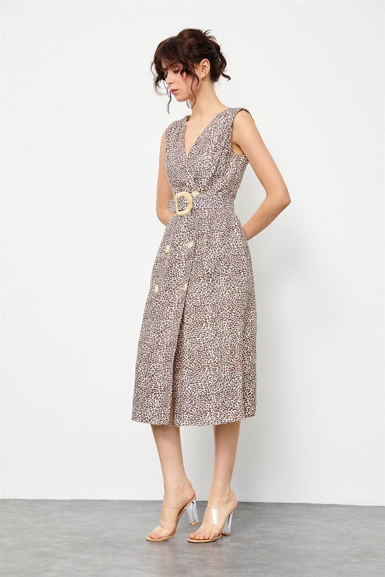 Bej-Kahve Keten Leopar Desen Kemerli ElbiseST060S4010181