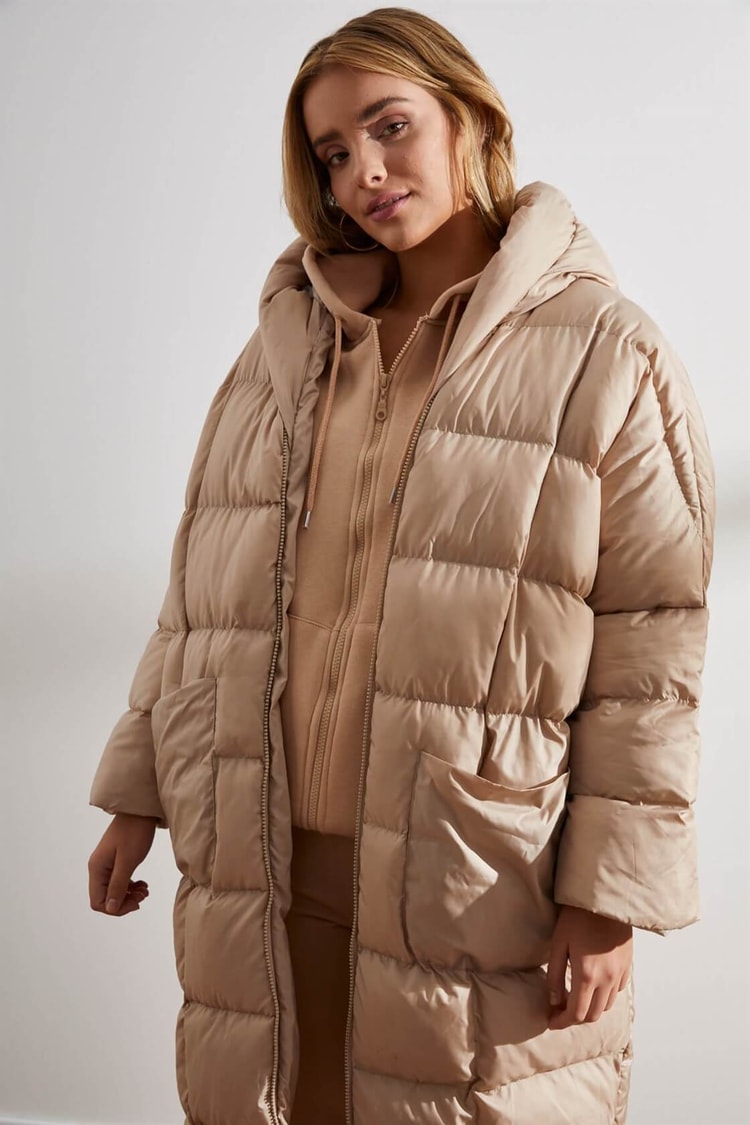 Bej Kapüşonlu Uzun Puffer MontST050W6411401