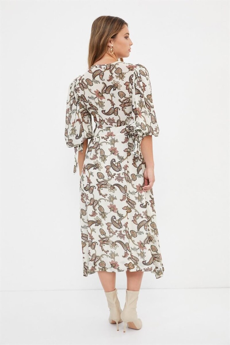 Bej Kemerli Desenli Midi ElbiseST060S40967003