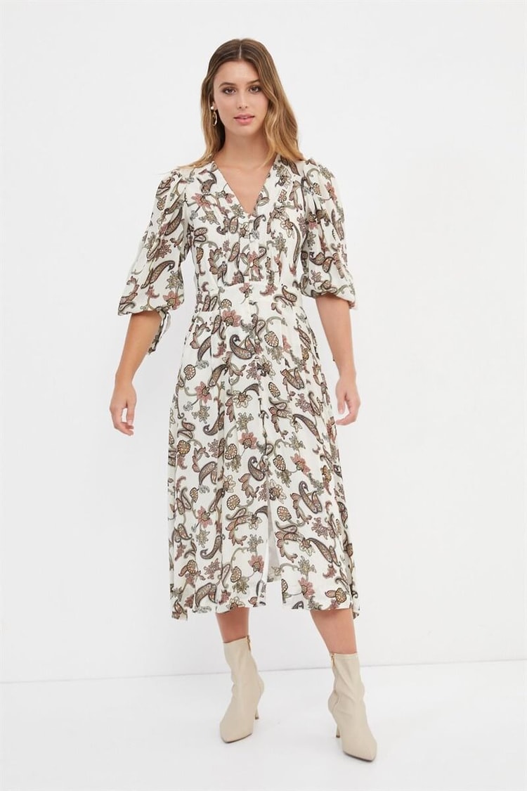 Bej Kemerli Desenli Midi ElbiseST060S40967003