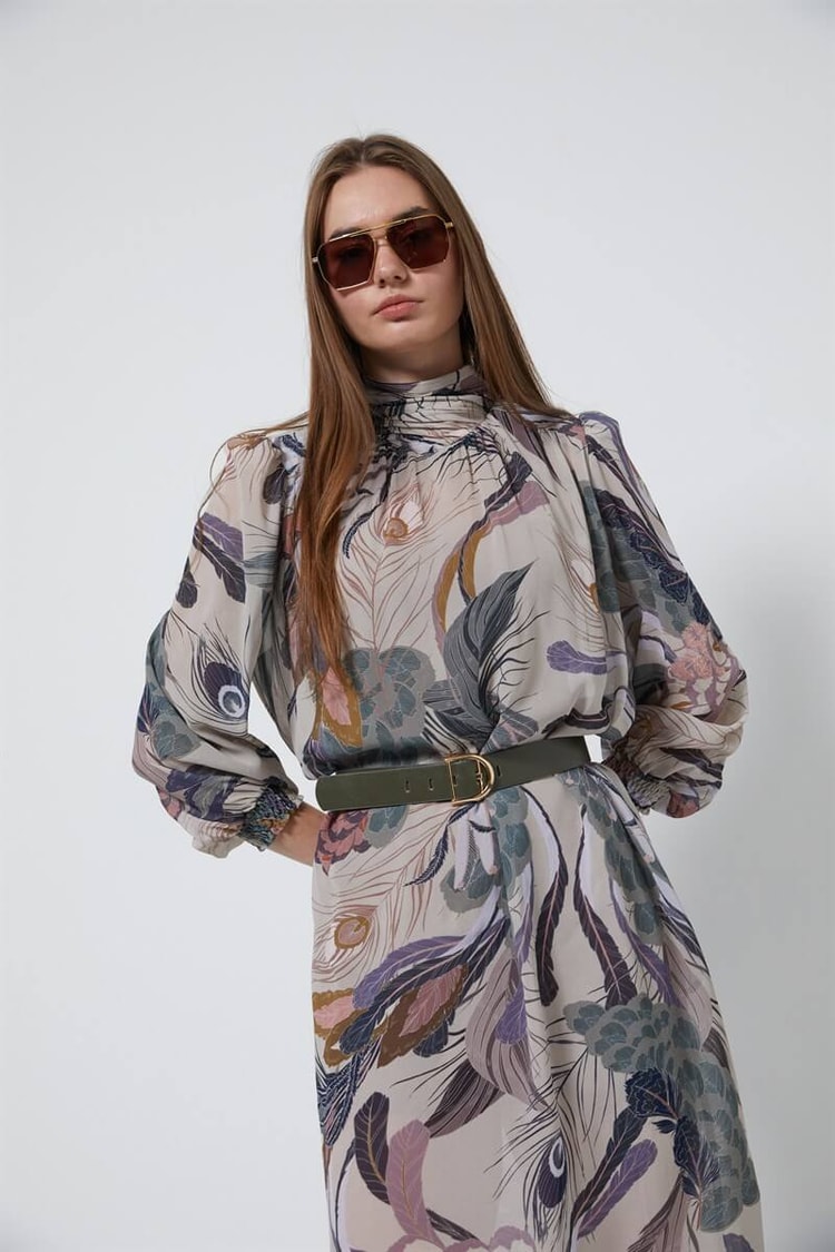 Bej Kemerli Midi Desenli ElbiseST060W40111101