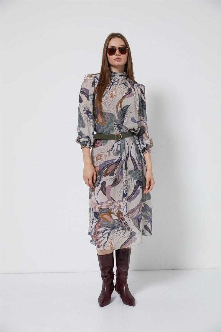 Bej Kemerli Midi Desenli ElbiseST060W40111101