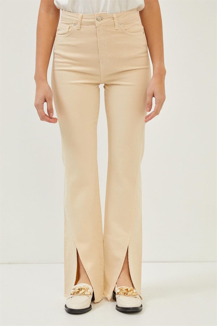 Bej Paçaları Yırtmaç Detaylı Yüksek Bel Wide Leg JeanST070S31744002