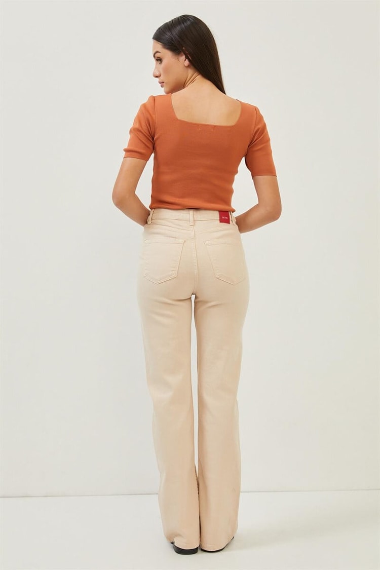 Bej Paçası Yırtmaç Detaylı Yüksek Bel JeanST060S31683005
