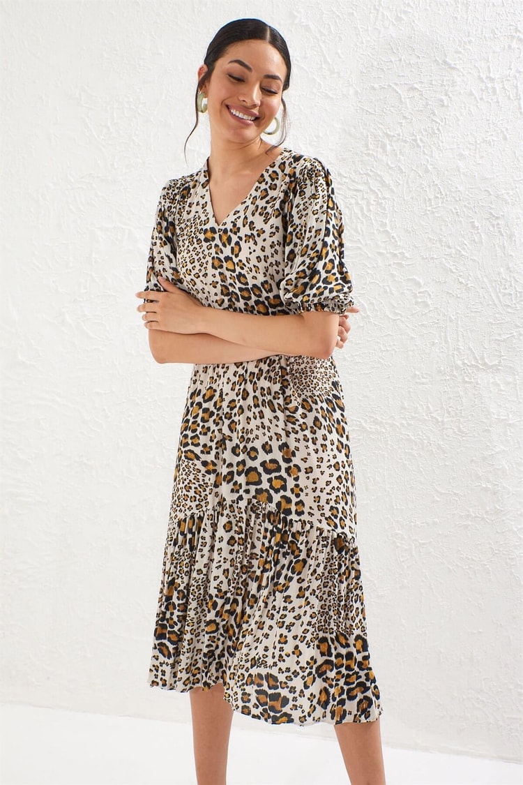 Bej Yaka Beli Lastikli Balon Kol Maxi Boy Leopar ElbiseST040W402351