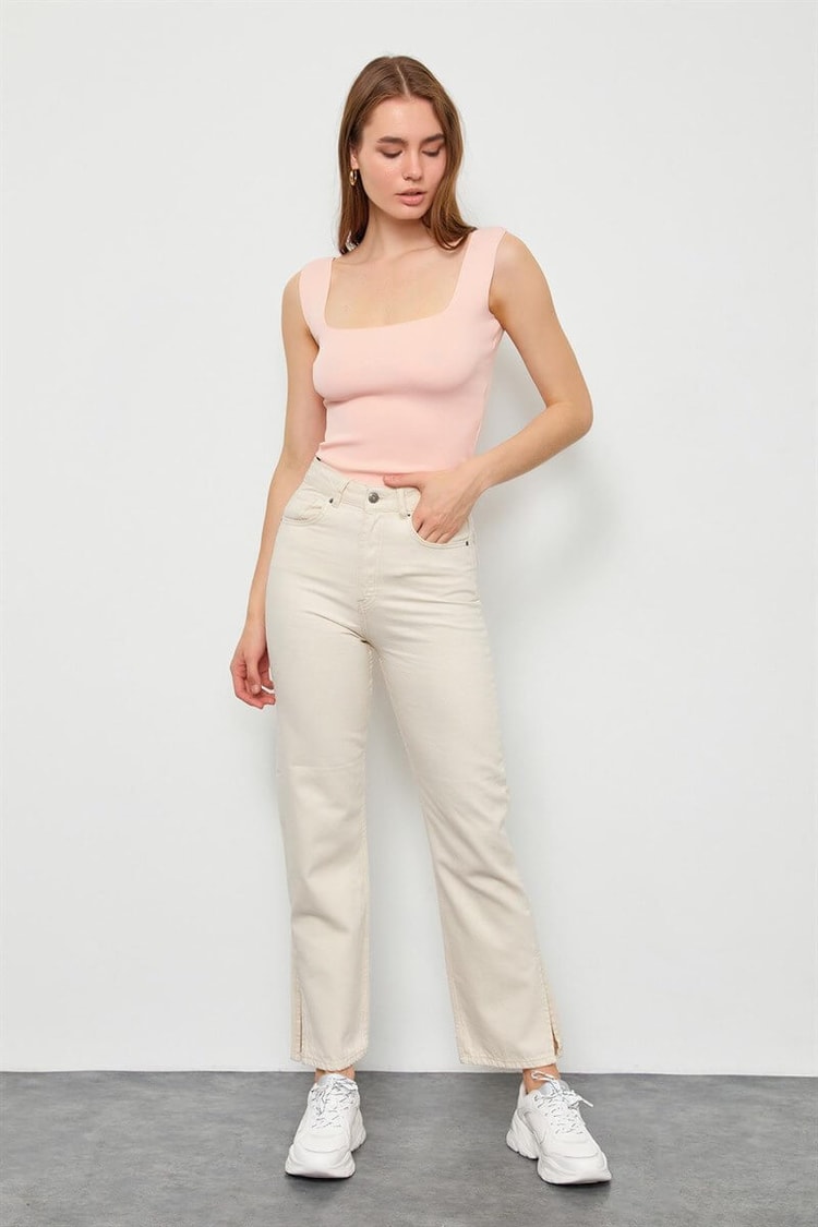 Bej Yüksek Bel Yırtmaçlı JeanST060S20467007