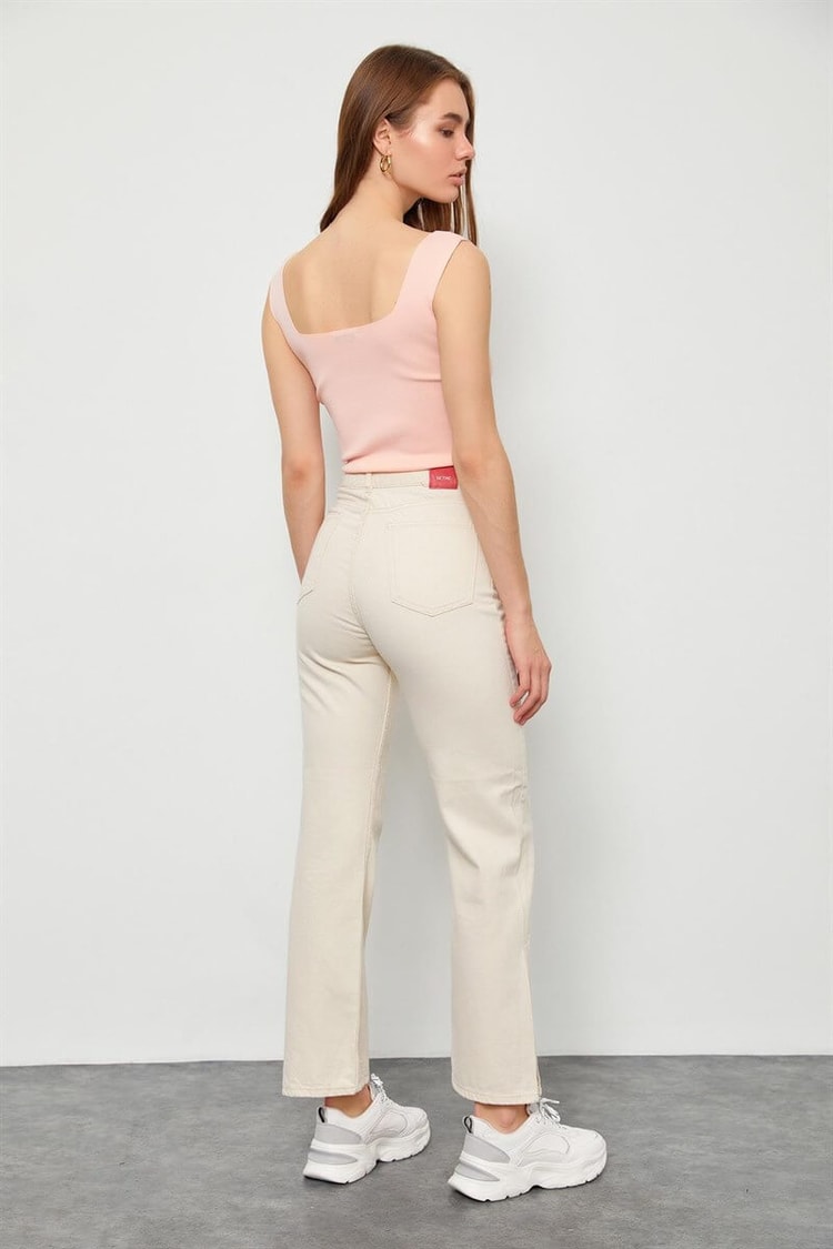 Bej Yüksek Bel Yırtmaçlı JeanST060S20467007