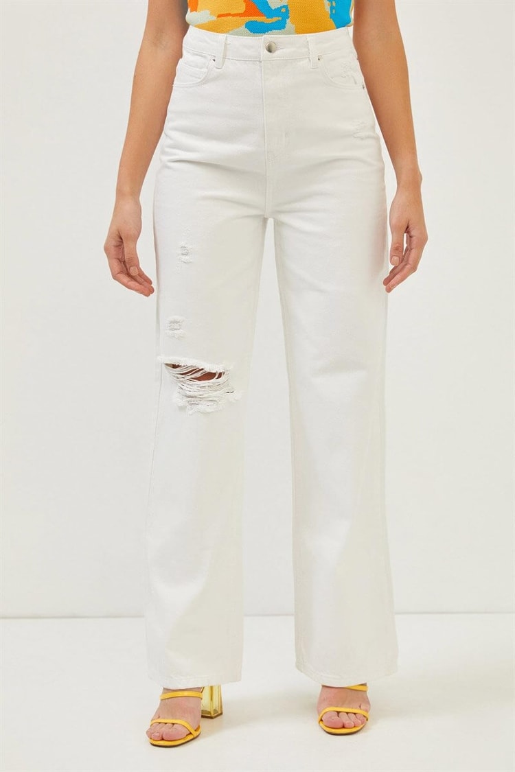 Beyaz Yüksek Bel Yırtık Detaylı Wide Leg JeanST060S31683004