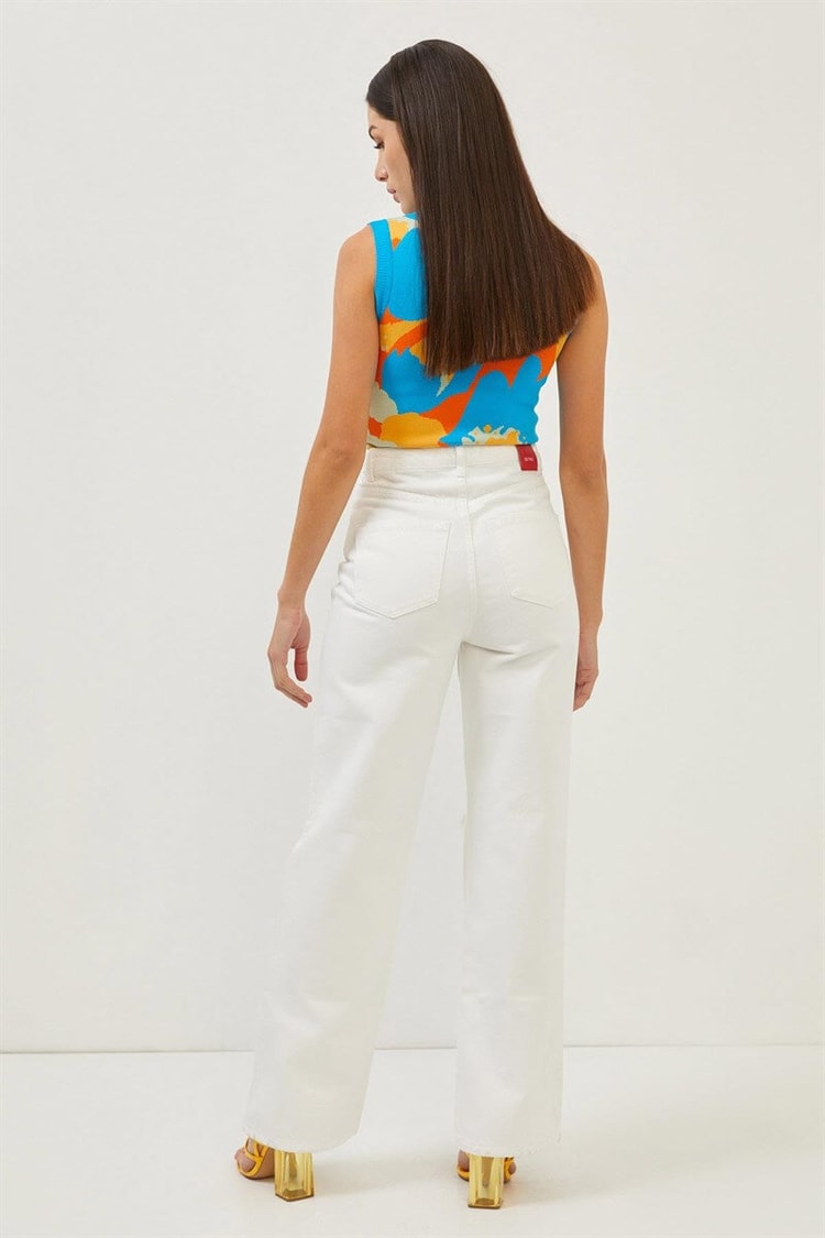 Beyaz Yüksek Bel Yırtık Detaylı Wide Leg JeanST060S31683004