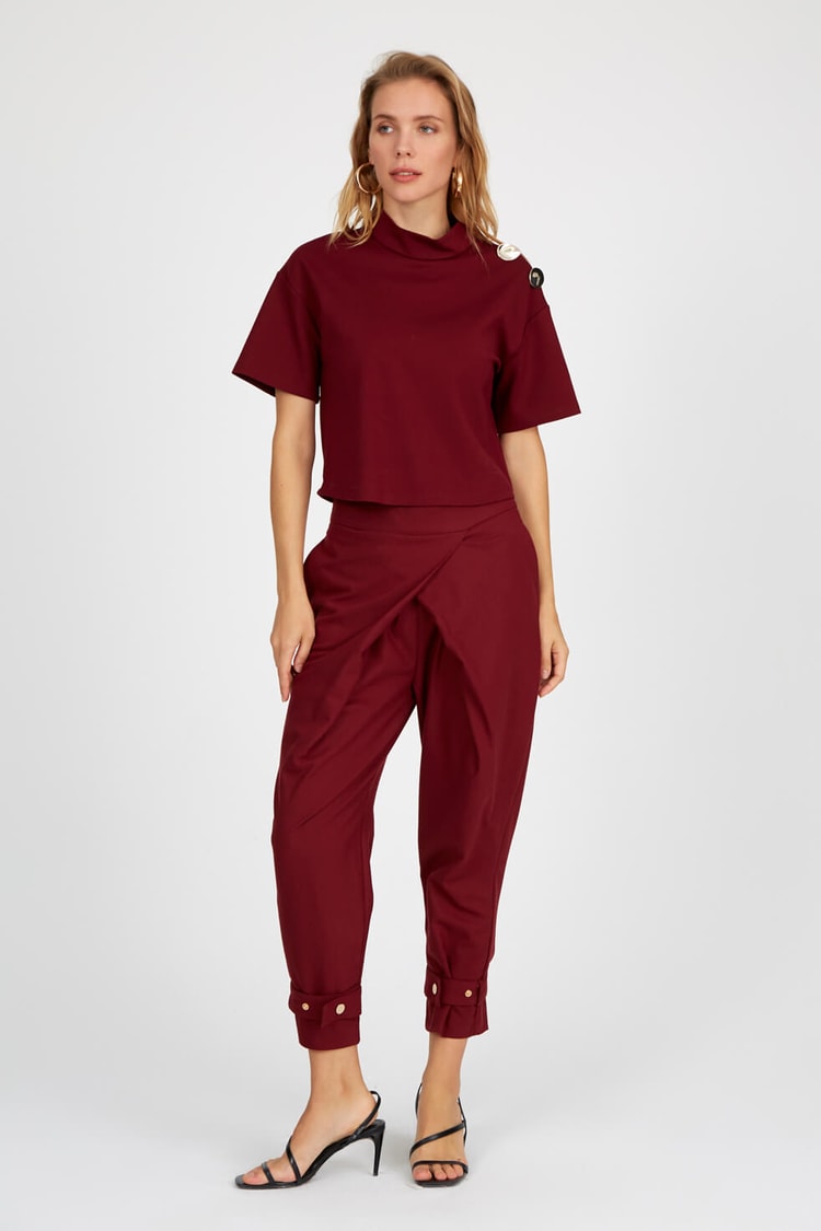 Bordo Balıkçı Yaka Kısa Kol BluzST040W301881